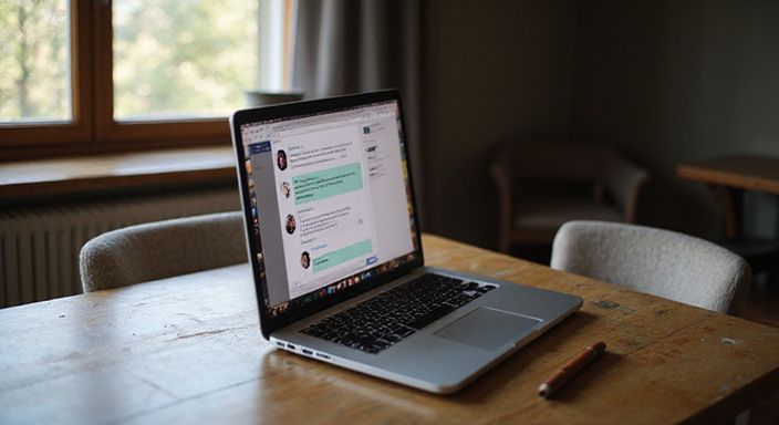 Ein gemütlicher Raum mit einem Laptop auf einem Holzschreibtisch. Ein gemütlicher Raum mit einem Laptop auf einem Holzschreibtisch.