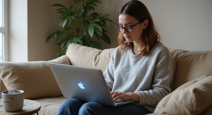 Eine Frau sitzt entspannt auf einem Sofa und nutzt ihren Laptop. Eine Frau sitzt entspannt auf einem Sofa und suche sexkontakt in Klagenfurt.
