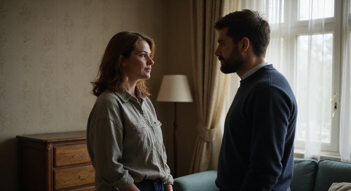 Eine Frau und ein Mann stehen sich erwartungsvoll gegenüber. Eine Frau und ein Mann stehen sich erwartungsvoll gegenüber.