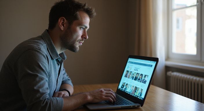 Ein Mann sitzt an einem Schreibtisch und durchsucht eine Webseite. Ein Mann sitzt an einem Schreibtisch und durchsucht eine Webseite.