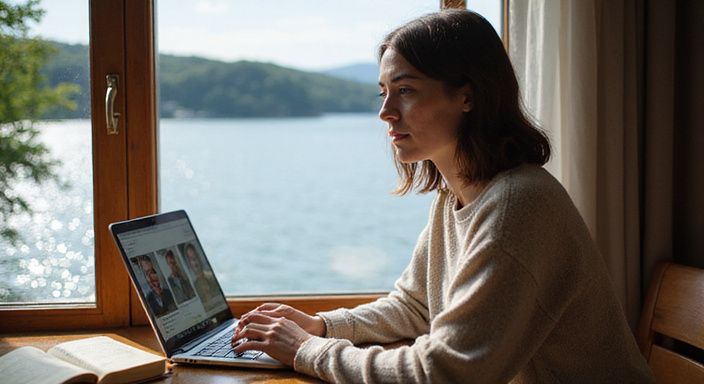 Eine nachdenkliche Frau sitzt am Tisch und betrachtet Profile auf einem Laptop. Eine nachdenkliche Frau sitzt am Tisch und betrachtet Profile für sexkontakt in Klagenfurt auf einem Laptop.