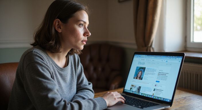 Eine Frau arbeitet konzentriert an ihrem Laptop an einem Schreibtisch. Eine Frau arbeitet konzentriert an ihrem Laptop an einem Schreibtisch.