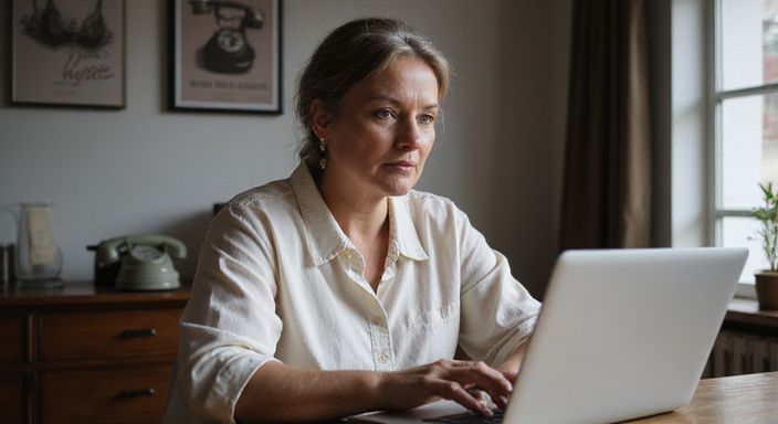 Eine nachdenkliche Frau sitzt an einem Holzschreibtisch vor einem Laptop. Eine nachdenkliche Frau sitzt an einem Holzschreibtisch vor einem Laptop.