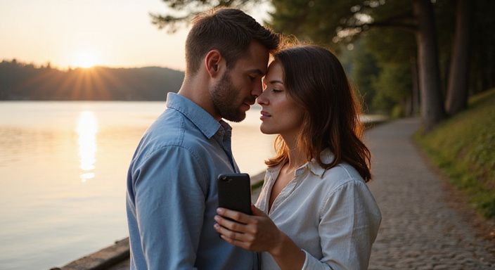 Ein Paar tauscht Nummern am Ufer des Wörthersees aus