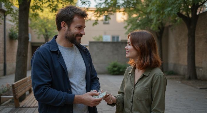 Ein Paar tauscht lächelnd Geld in einem ruhigen Innenhof aus. Ein Paar tauscht lächelnd Geld in einem ruhigen Innenhof aus.