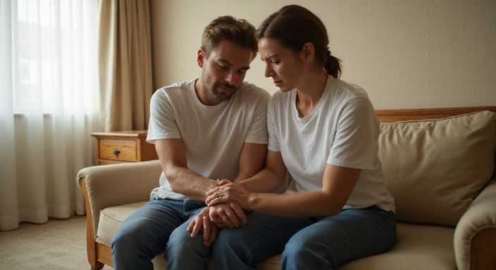 Ein Paar entspannt sich auf einem Sofa, während der Mann die Schultern der Frau massiert.