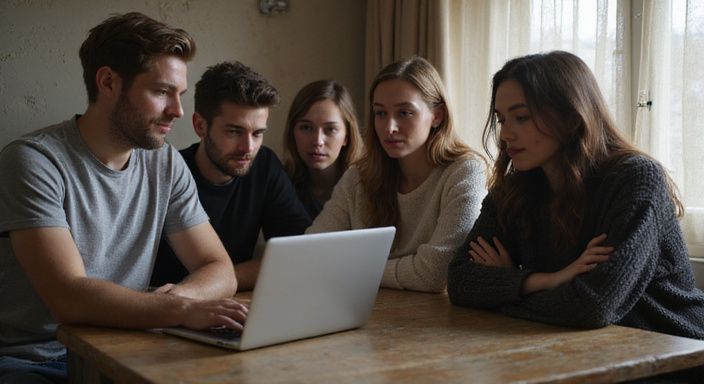 Fünf junge Erwachsene arbeiten gemeinsam an einem Laptop in gemütlicher Atmosphäre.