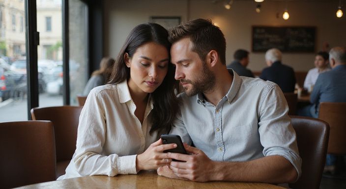 Ein Paar sitzt in einem Café und betrachtet konzentriert ihr Smartphone