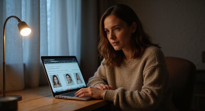 Eine Frau arbeitet konzentriert an ihrem Laptop in einem ruhigen Raum und suche sexkontakt in Linz.