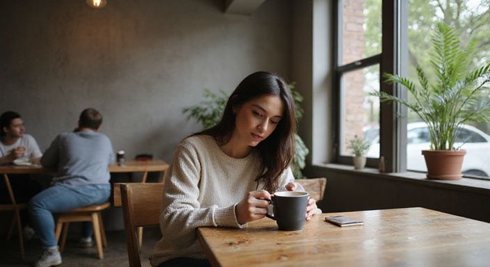 Eine nachdenkliche Frau genießt Kaffee in einem gemütlichen Café.