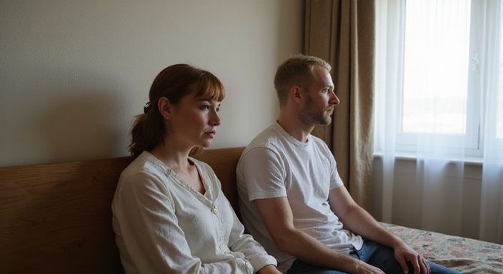 Ein Paar diskutiert entspannt über Safer Sex in einem Hotelzimmer.