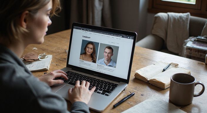 Eine Person nutzt einen Laptop auf einem abgegriffenen Holzschreibtisch.