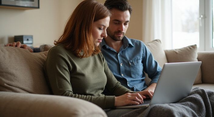 Ein Paar sitzt entspannt auf einem Sofa und betrachtet einen Laptop.