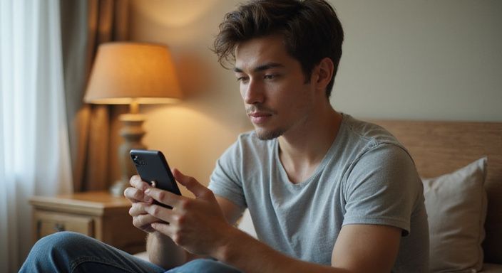 Eine junge Person sitzt entspannt mit einem Smartphone in der Hand und suche sexkontakt in Linz.