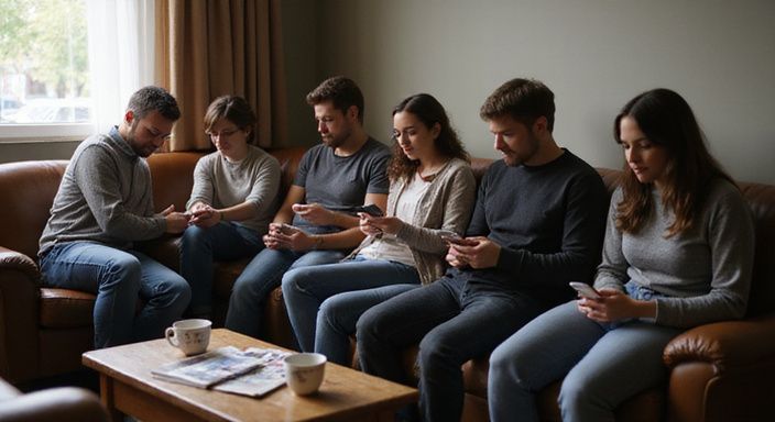 Fünf Erwachsene nutzen gemeinsam ihre Smartphones in einer entspannten Lounge.