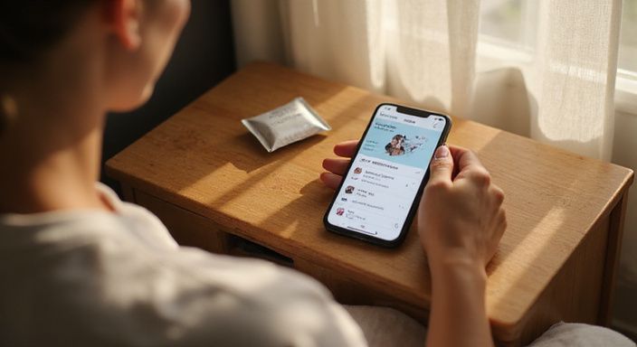 Ein Nachttisch mit Smartphone und Kondom in einem ruhigen Schlafzimmer.
