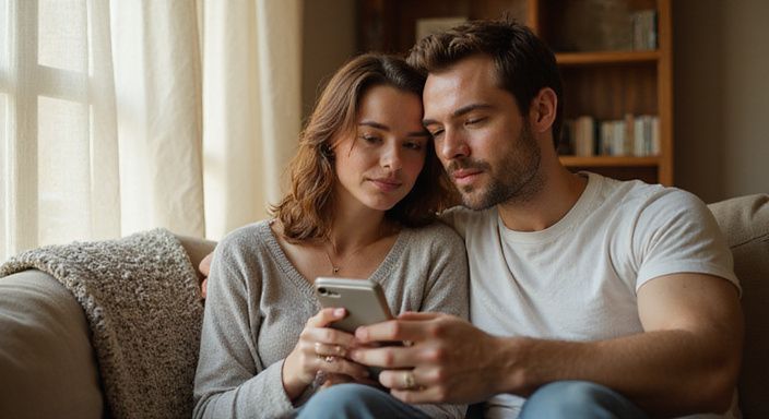 Ein Paar sitzt entspannt auf einer Couch und betrachtet ein Smartphone