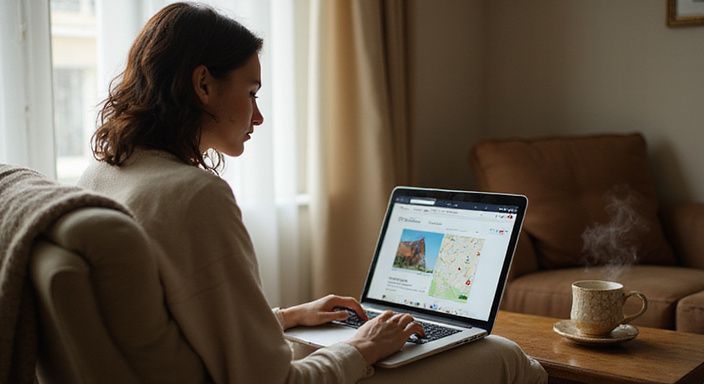 Eine Person sitzt konzentriert vor einem Laptop in einem gemütlichen Raum. Eine Person sitzt konzentriert vor einem Laptop in einem gemütlichen Raum.
