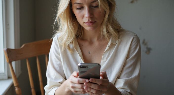 Eine Frau sitzt nachdenklich mit einem Smartphone in der Hand. Eine Frau sitzt nachdenklich mit einem Smartphone in der Hand un dwollen sexkontakt in Mecklenburg- Vorpommern.