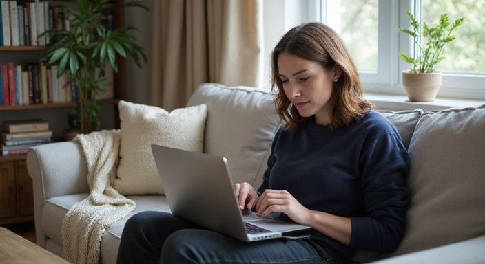 Eine Frau sitzt entspannt auf einem Sofa und nutzt einen Laptop. Eine Frau sitzt entspannt auf einem Sofa und wollen sexkontakt in Mecklenburg- Vorpommern.