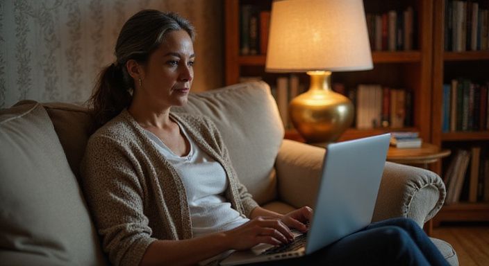 Eine Frau sitzt entspannt auf einer Couch und nutzt ihren Laptop. Eine Frau sitzt entspannt auf einer Couch und suche sexkontakt in Mecklenburg- Vorpommern.