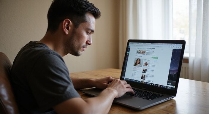 Eine Person sitzt am Schreibtisch und konzentriert sich auf den Laptop. Eine Person sitzt am Schreibtisch und suche auf den Laptop nach sexkontakt in Mecklenburg- Vorpommern.