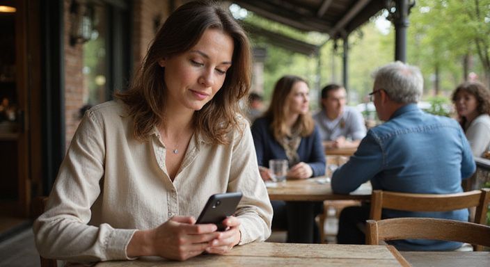 Eine mittelalte Frau sitzt allein an einem Café-Tisch. Eine mittelalte Frau sitzt allein an einem Café-Tisch und wollen Sexkontakt Saarland.