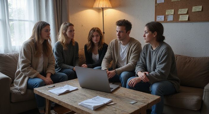 Fünf junge Erwachsene diskutieren ernsthaft über Safer Sex und rechtliche Aspekte. Fünf junge Erwachsene diskutieren ernsthaft über Safer Sex und rechtliche Aspekte.