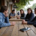 Eine ruhige Versammlung von Leuten vor einem Café in Saarbrücken