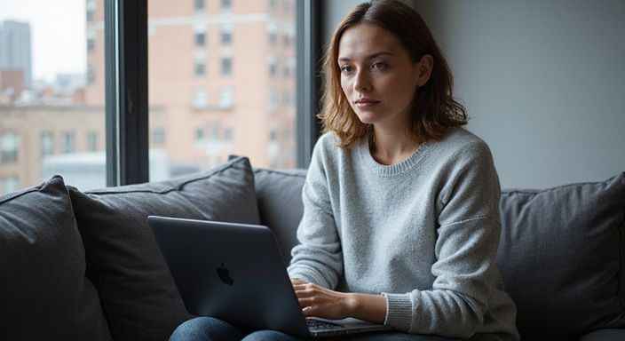 Eine Frau sitzt entspannt mit einem Laptop auf dem Schoß. Eine Frau sitzt entspannt mit einem Laptop auf dem Schoß.