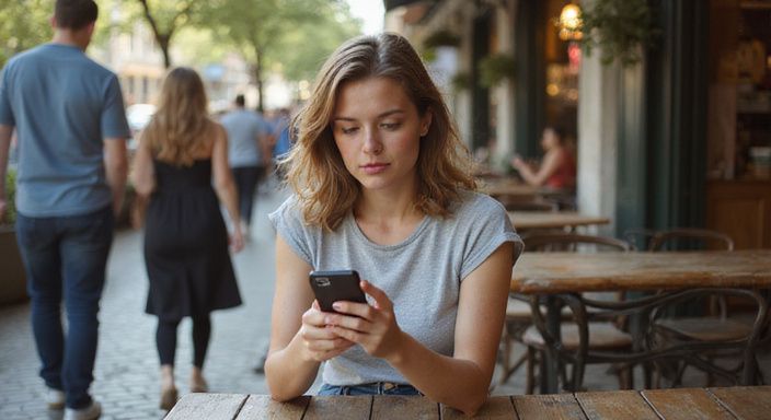 Eine junge Frau sitzt allein, nervös auf ihr Smartphone blickend. Eine junge Frau sitzt allein, nervös auf ihr Smartphone blickend und suche Sexkontakt Saarland.