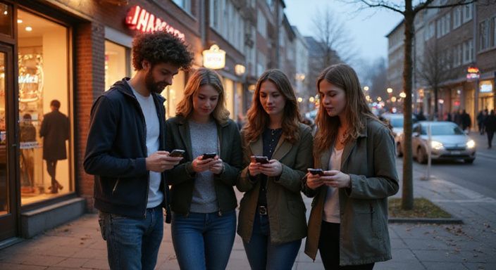 Eine Gruppe junger Erwachsener nutzt Smartphones in einer lebhaften Stadt und wollen sexkontakt in Sachsen.
