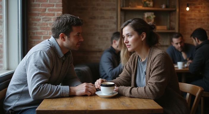 Ein Mann und eine Frau führen ein intimes Gespräch in einem Café.