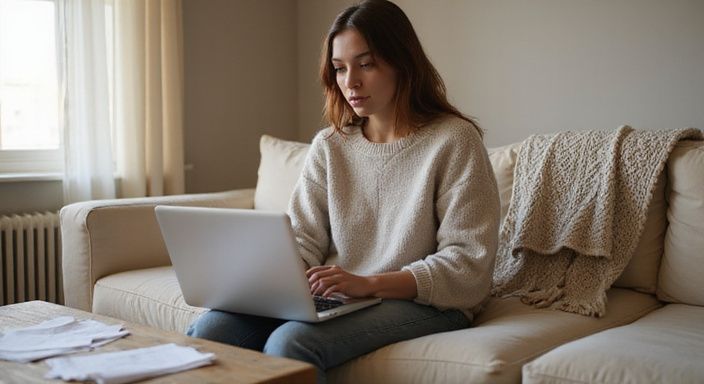 Eine junge Frau sitzt auf einem Sofa und arbeitet am Laptop.