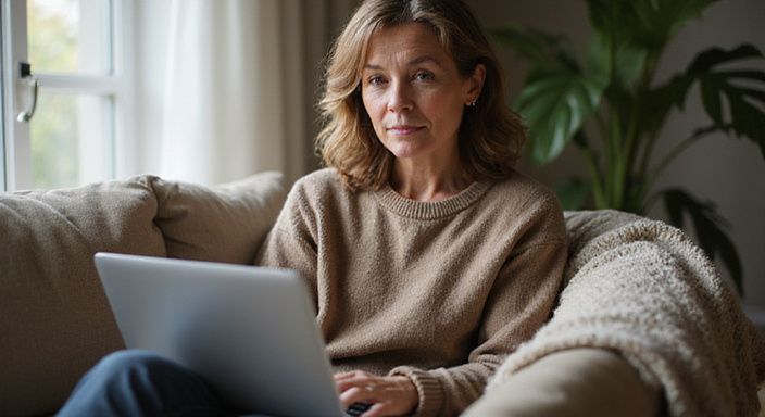 Eine mittelalte Frau sitzt entspannt mit Laptop auf dem Schoß.