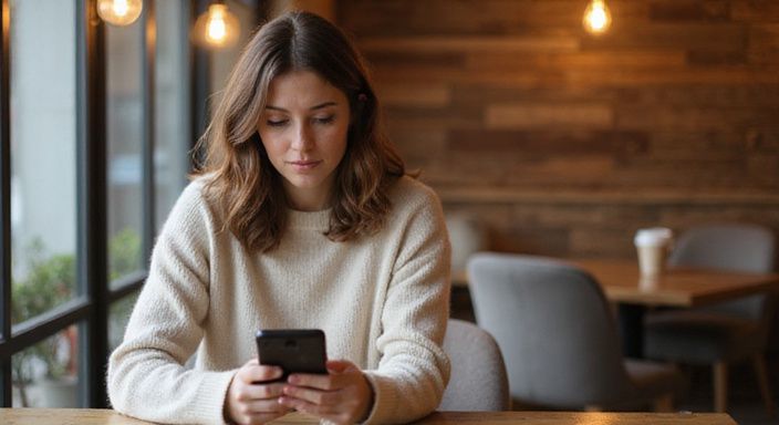 Eine Frau in einem Café konzentriert sich auf ihr Smartphone und suche sexkontakt in Sachsen.