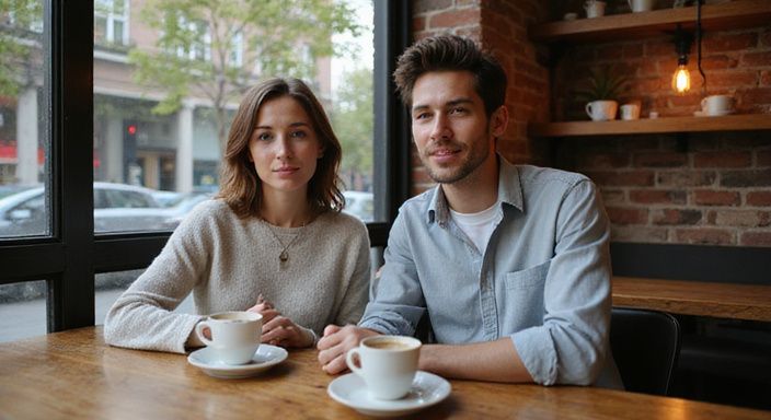 Ein junges Paar sitzt lächelnd in einem Café und genießt gemeinsam Kaffee