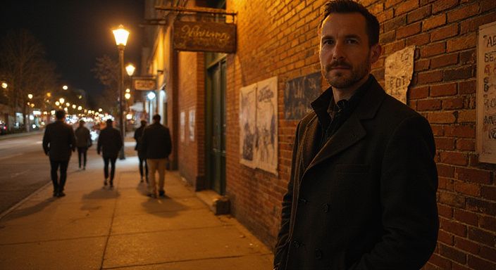 Ein entspannter Mann steht an einer Straßenecke unter einem Laternenlicht. Ein entspannter Mann steht an einer Straßenecke unter einem Laternenlicht.