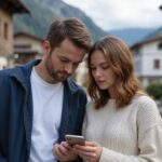 Sexkontakt Vorarlberg: Jetzt unkomplizierte Treffen und erotische Abenteuer finden Ein Paar betrachtet gemeinsam ein Smartphone auf einer ruhigen Straße