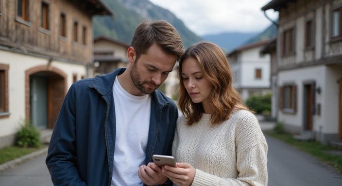 Ein Paar betrachtet gemeinsam ein Smartphone auf einer ruhigen Straße