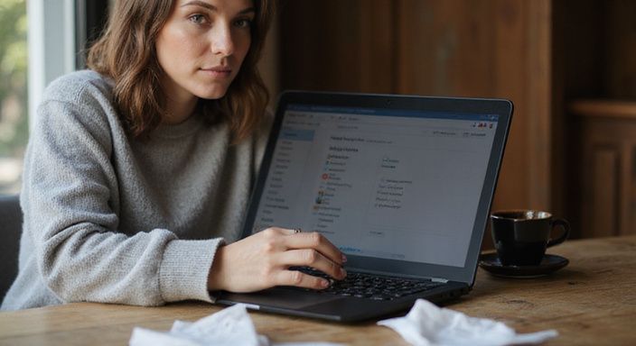 Eine Frau sitzt konzentriert an einem Tisch mit Laptop und Kaffeetasse. Eine Frau sitzt konzentriert an einem Tisch mit Laptop und Kaffeetasse.