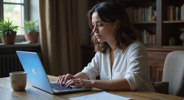 Eine Frau sitzt konzentriert an einem Holzschreibtisch mit einem Laptop. Eine Frau sitzt konzentriert an einem Holzschreibtisch mit einem Laptop.