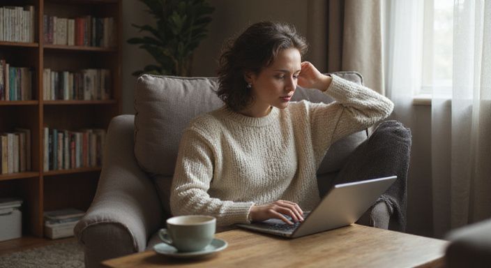 Eine Frau sitzt entspannt in einem Sessel und arbeitet am Laptop