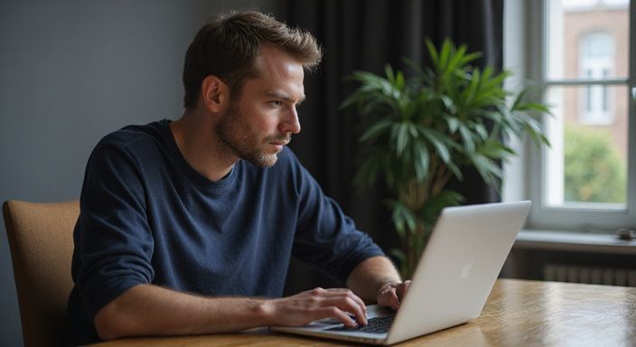 Ein Mann arbeitet konzentriert an einem Laptop an einem Schreibtisch und suche Sexkontakt Vorarlberg