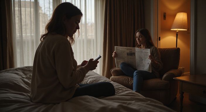 Eine Frau scrollt auf dem Bett, während eine andere Zeitung liest. Eine Frau scrollt auf dem Bett, während eine andere Zeitung liest.