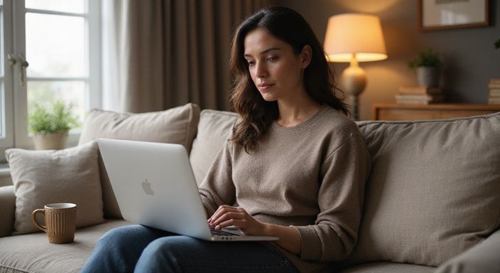 Eine entspannte Frau sitzt mit Laptop und Kaffeetasse auf dem Sofa. Eine entspannte Frau sitzt mit Laptop und Kaffeetasse auf dem Sofa und wollen Sexkontakt in Vorarlberg.