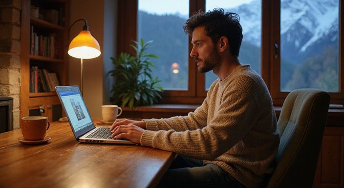 Eine Person sitzt entspannt an einem Schreibtisch und nutzt ein Laptop. Eine Person sitzt entspannt an einem Schreibtisch und suche Sexkontakt in Vorarlberg.