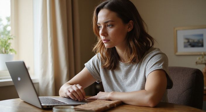 Eine Frau sitzt konzentriert an einem Schreibtisch und nutzt ihren Laptop. Eine Frau sitzt konzentriert an einem Schreibtisch und wollen Sexkontakt in Vorarlberg.