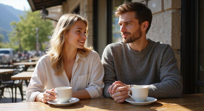 Eine junge Frau und ein Mann genießen gemeinschaftlich Zeit in einem Café.