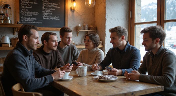 Eine Gruppe junger Erwachsener entspannt sich in einem gemütlichen Café.